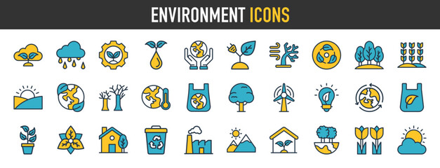Set of environment icons. Such as save earth, rain, renewable energy, temperature. Vector icon illustration
