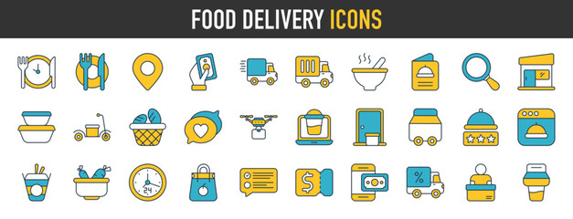 Food delivery service icon set. Containing order tracking, delivery home, warehouse, truck, scooter, courier and cargo icons. Shipping symbol. Solid icons vector illustration.