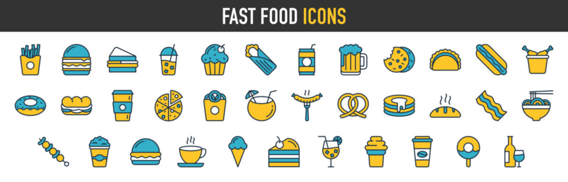 Fast food icon set. Containing burger, pizza, hot dog, french fries, sandwich, ice-cream, drink, soda, sausage, burrito, taco and nachos. Restaurant vector solid icons collection.