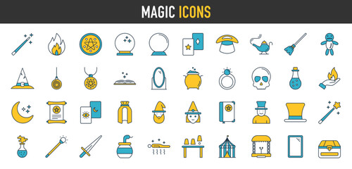 Magic icons set. Vector illustration. Set includes icons as Magic book, Box, Ball, Rabbit, Wand, Witch broomstick, Zombie, Ghost, Voodoo
