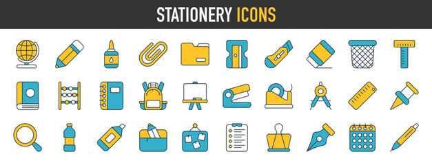 Stationery icons such as ruler, paper clip, crayon, folder, pencil sharpener, clip, cutter, scissors vector icon illustration.