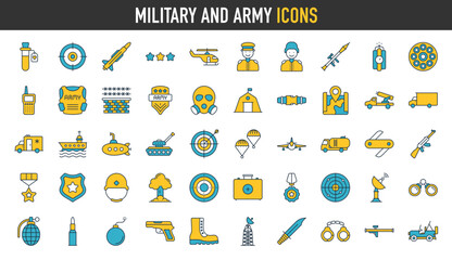 Military and army icons. Military Equipment, tools, aids and appliances, fighter plane, chevrons, terracotta. vector illustration