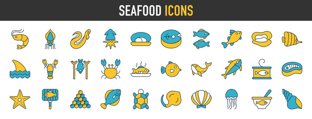 Seafood elements thin web icon set vector illustration. Contains such Icons as Shrimp, Oyster, Squid, Crab and more. 
