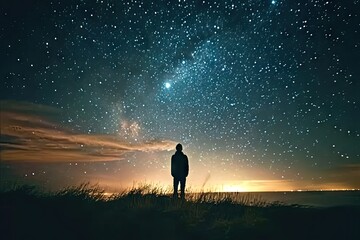 Starry night adventure. Silhouette of man in cosmic landscape. Embracing cosmos. Lone traveler amidst milky way. Hiking to infinity standing on mountain under sky - obrazy, fototapety, plakaty