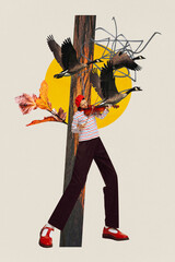Poster. Contemporary art collage. Young woman with violin playing romantic melody and key of geese...