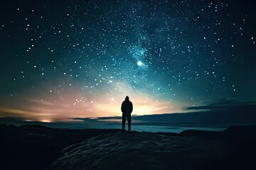 Starry night adventure. Silhouette of man in cosmic landscape. Embracing cosmos. Lone traveler amidst milky way. Hiking to infinity standing on mountain under sky - obrazy, fototapety, plakaty