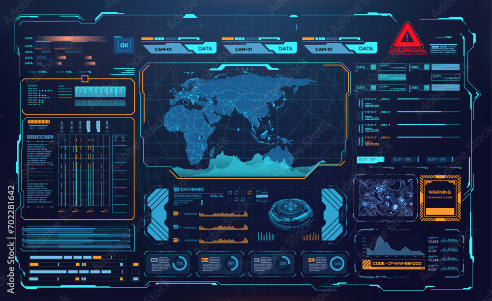 Poster Advanced Global Surveillance Interface with Data Analytics and World Map Monitoring. HUD UI GUI data screen, digital dashboard interface and virtual infographics in futuristic style.
