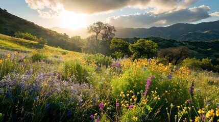 a sunlit meadow covered in a blanket of wildflowers, surrounded by rolling hills and distant mountains.