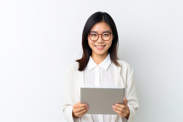 Fototapeta premium Image of young Asian woman, company worker in glasses, smiling and holding digital tablet, standing over white background