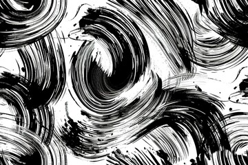 An abstract seamless pattern with black brushstrokes in a swirling motion, creating a dynamic texture suitable for wall art, edgy fashion, and contemporary design projects.
