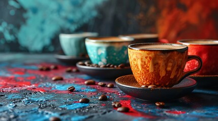 cups of coffee on a multicolored background - obrazy, fototapety, plakaty