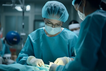 In the Hospital Operating Room Diverse Team of Professional Surgeons and Nurses Suture Wound after Successful Surgery. Surgeon Take Surgical Instrument - obrazy, fototapety, plakaty