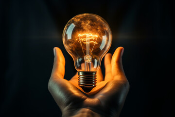 Incandescent light bulb in a hand on black background