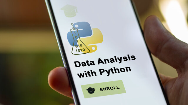 January 03th 2024. Student enrolls to Data Analysis with Python program on a phone, upskilling certification by e-learning