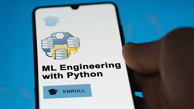 January 03th 2024. Student enrolls to ML Engineering with Python program on a phone, upskilling certification by e-learning