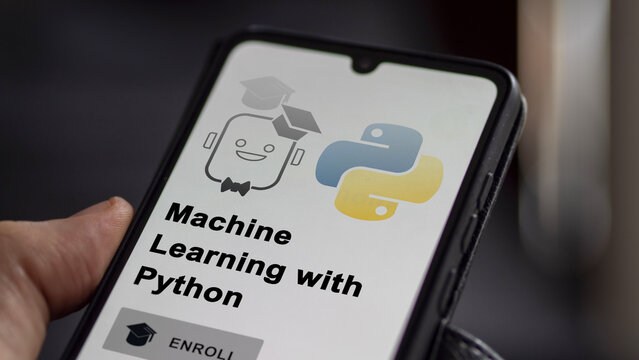 Student enrolls to machine learning with Python program on a phone, upskilling certification by e-learning