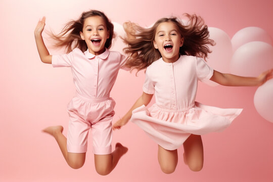 Jumping. Childhood and dream about big and famous future. Pretty little girls on coral pink studio background. Childhood, dreams, imagination, education, facial expression, emotions concept 