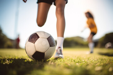 Obraz na płótnie Canvas Woman sport. Soccer ball being kicked by woman's legs on grass sports field