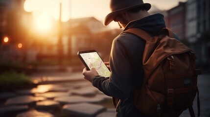 traveler use smartphone to check map to travel with internet and gps application, Travel, mobile phone, technology, smartphone, holding, lifestyle, communication, connection, outdoors - obrazy, fototapety, plakaty