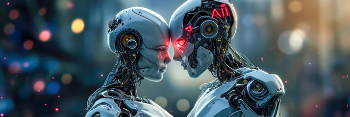 Menschliche Roboter mit künstlicher Intelligenz lösen Probleme der Zukunft  - obrazy, fototapety, plakaty