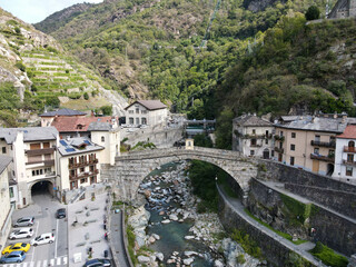 Drone view at the village of Pont Saint Martin on Aosta valley in Italy