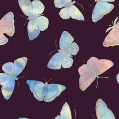 watercolor butterflies, hand drawn illustration, seamless pattern on a dark background.