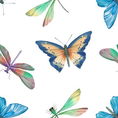 Seamless pattern of delicate watercolor butterflies on a white background. Cute watercolor butterflies for design.