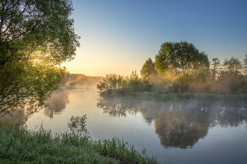 Obraz premium Sun at dawn. Picturesque landscapes of a forest river in thick white fog. Reflections on water. Light atmospheric landscape.Spring season. Nature, ecology, environmental protection, ecotourism.