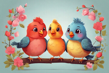 Illustration of three colorful parrots friends sitting on branch