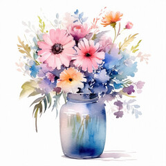 Flowers in vase watercolor painting. Glass vase with garden flowers. Illustration on white background. Paper texture clearly visible.