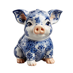 12 animal designations: white and delft blue patterned smooth statue of Pig white background PNG