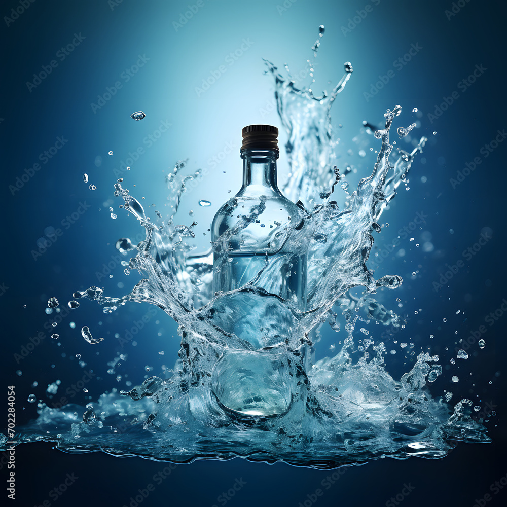 Poster close-up of the empty bottle with the abstract water splash.