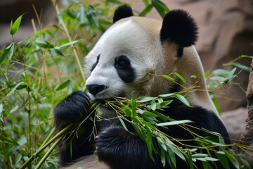 Obraz premium Cute wild panda eats bamboo. AI generative