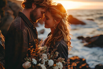 Happy couple by the sea, honeymoon, flowers and sea.