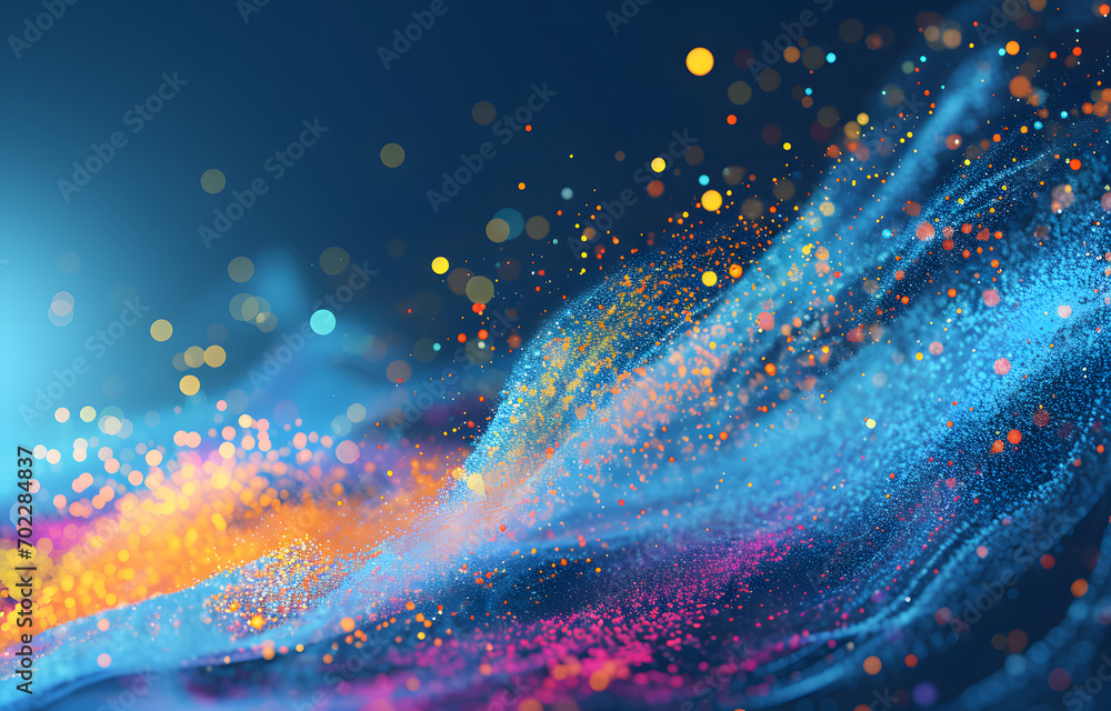 Poster quantum flow: particles of light converge in a dynamic wave of high-tech brilliance.