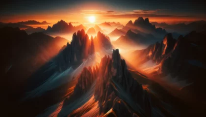Fotobehang A high-quality, sharp, and well-focused image of a sunrise in a mountainous landscape. © FantasyLand86