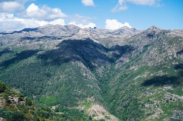The viewpoint of Junceda, at an altitude of 915 meters, where entire valley of the Geres river can be seen, mountains on the background - obrazy, fototapety, plakaty