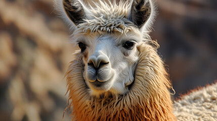 Obraz premium A charming alpaca with a thick, fluffy coat looks directly at the camera.