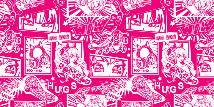Pink monochrome girlish ornament with manga set girl eye, face, skateboard, headphones cat ears, skate rollers. Vector seamless pattern with anime girl face emotion, big asian eyes. 
