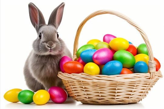 wicker basket filled with colorful Easter eggs and bunny on a white background