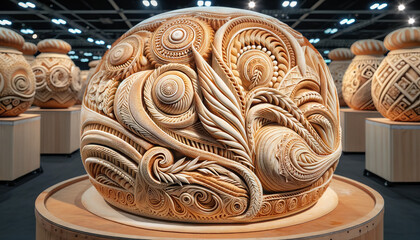 A photorealistic, hyper-detailed image of a bread sculpture competition with intricate designs.