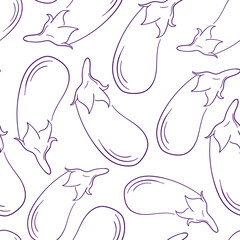 Eggplant line art seamless pattern. Vector illustration on a white background.
