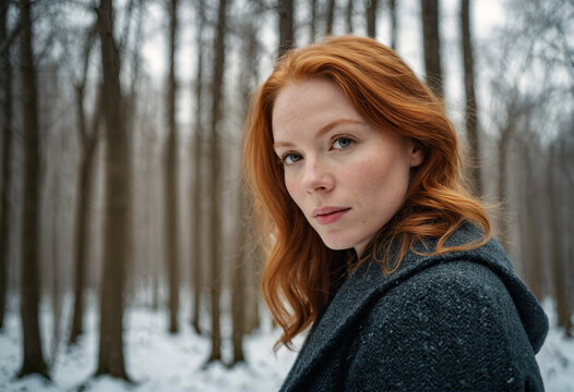 Close portrait of a beautiful caucasian ginger woman with long red hair standing in cold winter forest landscape generative ai image