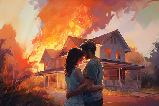 Embrace in the Glow of a House Fire