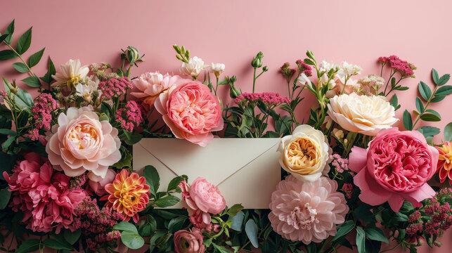 Pink floral flower arrangement with message in envelope
