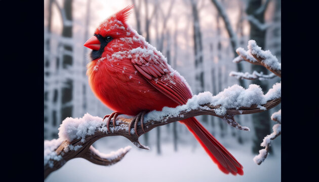 A photorealistic and hyper-detailed image of a red cardinal bird perched on a snowy branch.