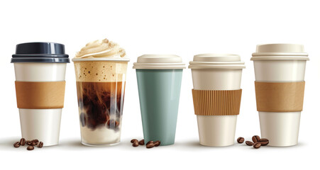 Set of different recyclable coffee cups on isolated background - obrazy, fototapety, plakaty