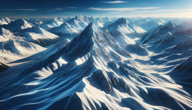 A photorealistic and hyper-detailed image of snow-covered mountain peaks under a clear blue sky.