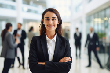 smiling happy woman standing in white cpacy office