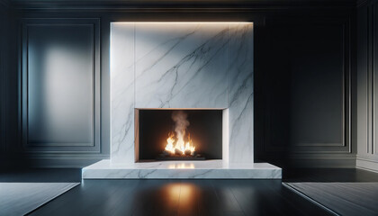 A photorealistic image of a sleek, minimalist fireplace with a plain mantle.